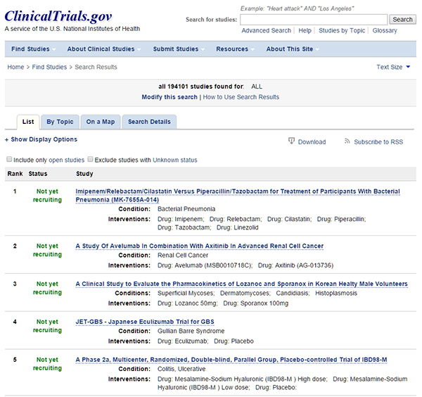 screenshot of clinicaltrials.gov search features